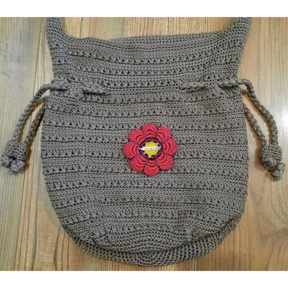 The Sak Originals Khaki Tan Crochet Drawstring Boho Hobo Shoulder Crossbody Bag - Picture 3 of 6